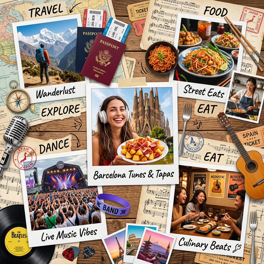 Collage featuring travel photos, passports, concert crowd, diverse foods, and people enjoying music and meals